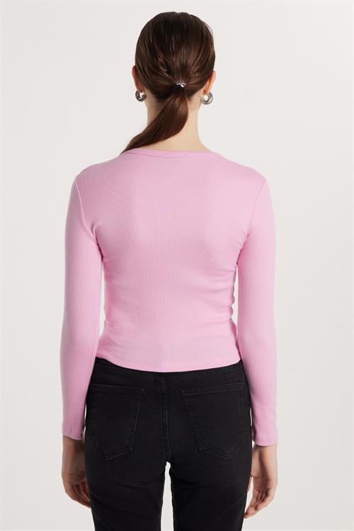 Kadın Modal Kumaş Slim Fit Dar Kesim Bisiklet Yaka Pembe Bluz