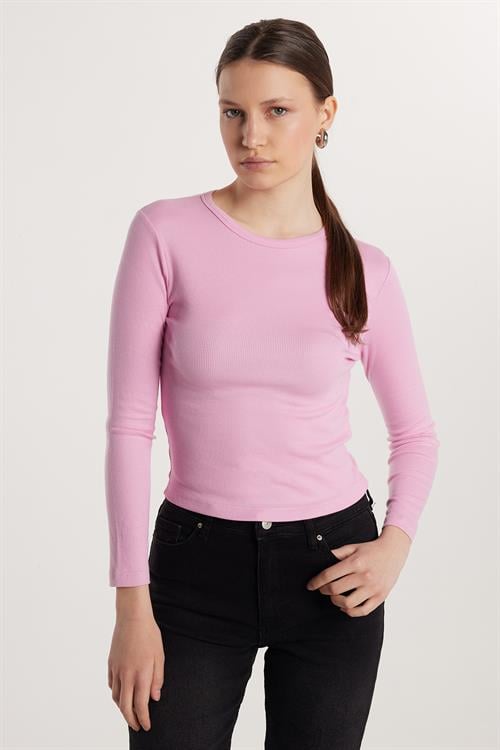 Kadın Modal Kumaş Slim Fit Dar Kesim Bisiklet Yaka Pembe Bluz