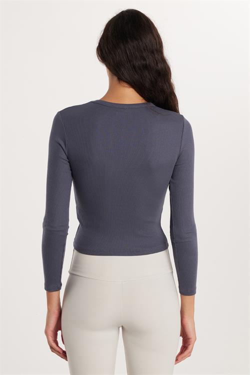 Kadın Modal Kumaş Slim Fit Dar Kesim Bisiklet Yaka Antrasit Bluz