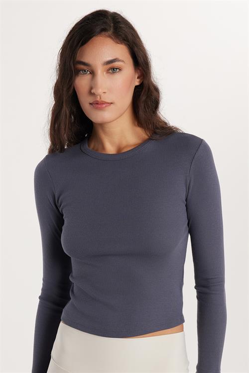 Kadın Modal Kumaş Slim Fit Dar Kesim Bisiklet Yaka Antrasit Bluz