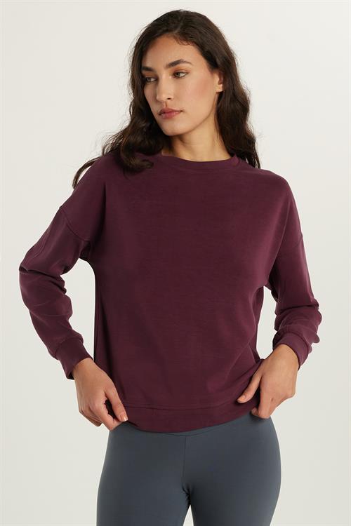 Kadın Modal Kumaş Oversize Geniş Kesim Düşük Kol Bisiklet Yaka Bordo Sweatshirt
