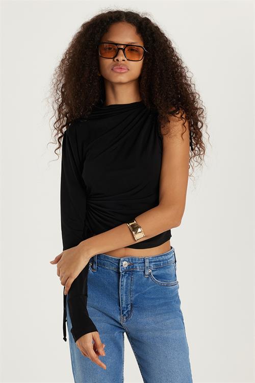 Kadın Slim Fit Dar Kesim Tek Kollu Yandan Bağcık Detaylı Siyah Bluz
