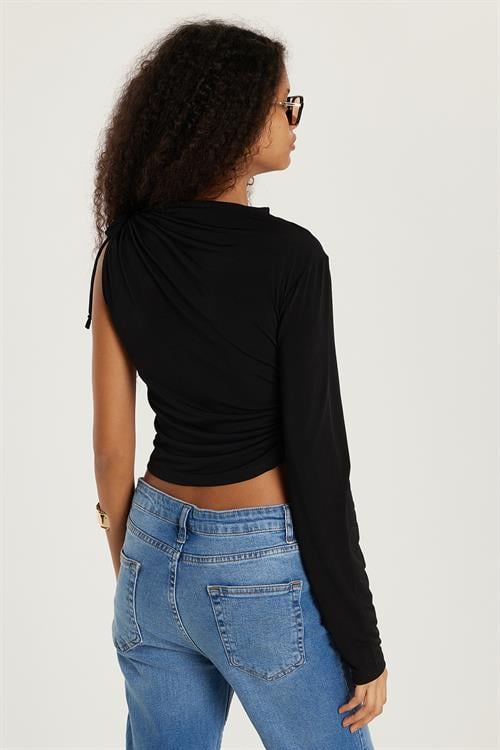 Kadın Slim Fit Dar Kesim Tek Kollu Yandan Bağcık Detaylı Siyah Bluz