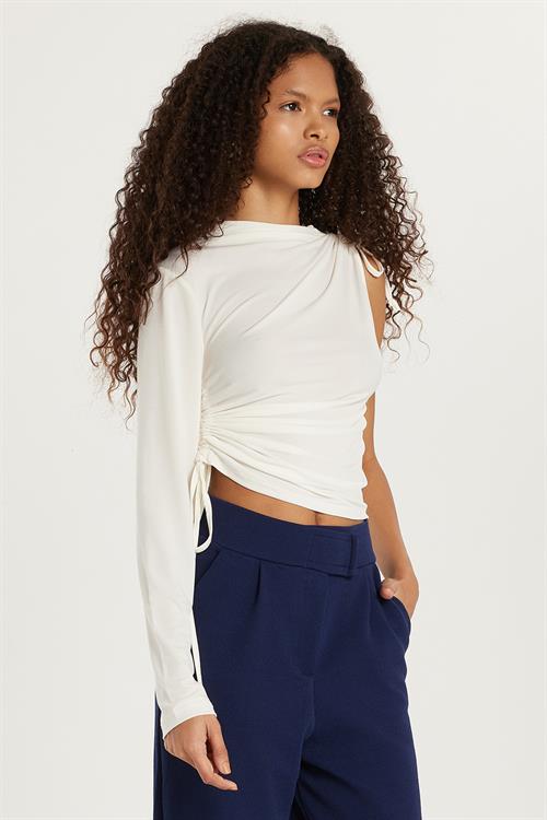 Kadın Slim Fit Dar Kesim Tek Kollu Yandan Bağcık Detaylı Ekru Bluz