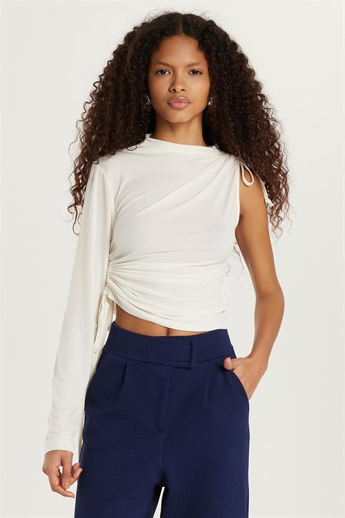 Kadın Slim Fit Dar Kesim Tek Kollu Yandan Bağcık Detaylı Ekru Bluz
