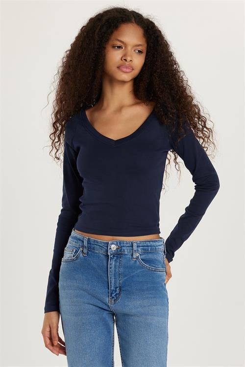 Kadın Slim Fit Dar Kesim Pamuklu Geniş Yaka Lacivert Bluz