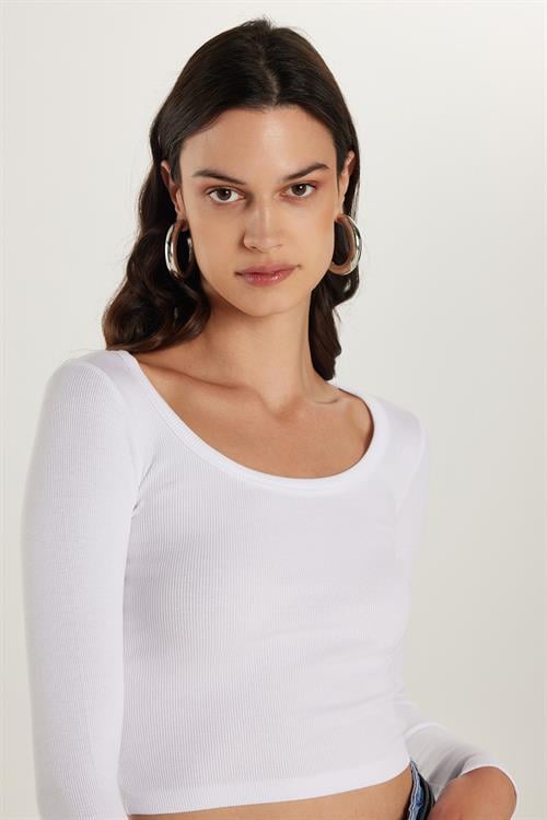 Kadın Modal Kumaş Slim Fit Dar Kesim Uzun Kollu Geniş Yaka Beyaz Bluz