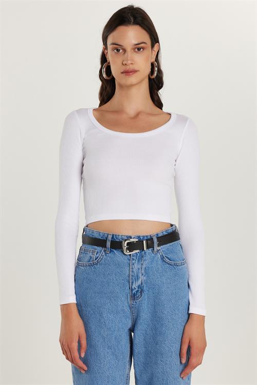 Kadın Modal Kumaş Slim Fit Dar Kesim Uzun Kollu Geniş Yaka Beyaz Bluz
