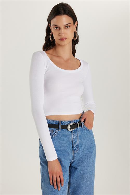 Kadın Modal Kumaş Slim Fit Dar Kesim Uzun Kollu Geniş Yaka Beyaz Bluz