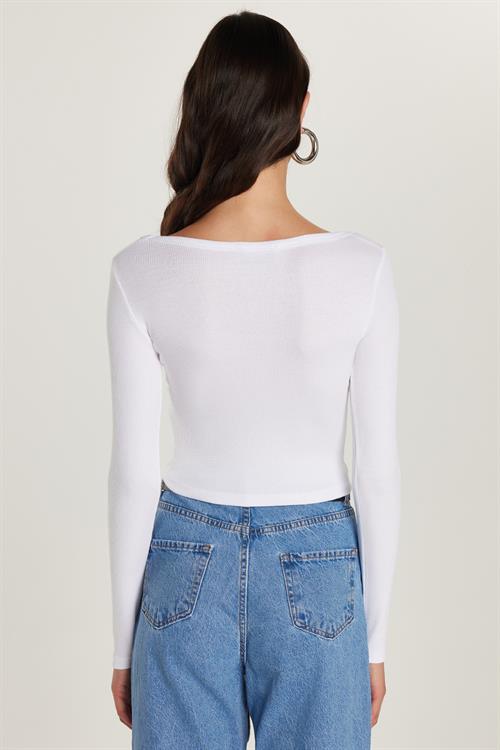 Kadın Modal Kumaş Slim Fit Dar Kesim Uzun Kollu Geniş Yaka Beyaz Bluz