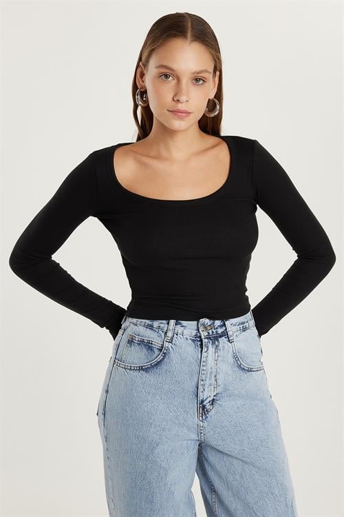 Kadın Modal Kumaş Slim Fit Dar Kesim Uzun Kollu Geniş Yaka Siyah Bluz