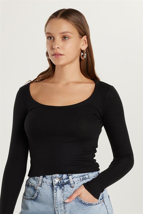 Kadın Modal Kumaş Slim Fit Dar Kesim Uzun Kollu Geniş Yaka Siyah Bluz