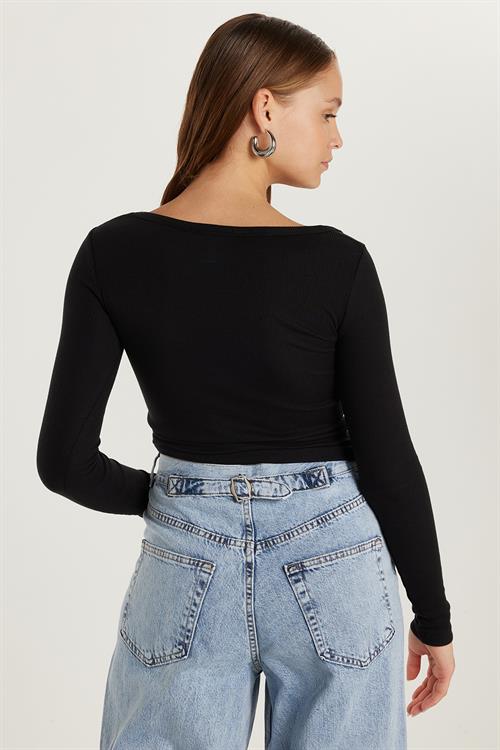 Kadın Modal Kumaş Slim Fit Dar Kesim Uzun Kollu Geniş Yaka Siyah Bluz