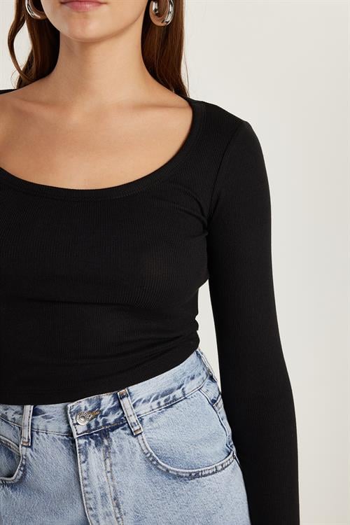 Kadın Modal Kumaş Slim Fit Dar Kesim Uzun Kollu Geniş Yaka Siyah Bluz