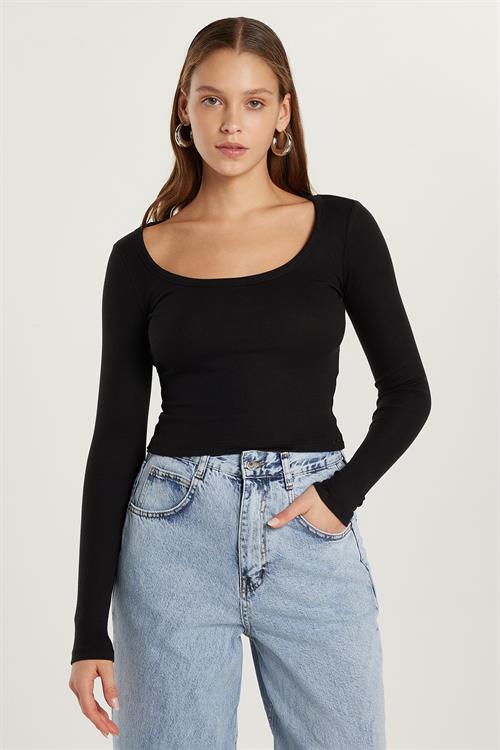 Kadın Modal Kumaş Slim Fit Dar Kesim Uzun Kollu Geniş Yaka Siyah Bluz