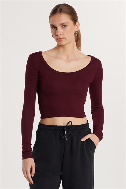 Kadın Modal Kumaş Slim Fit Dar Kesim Uzun Kollu Geniş Yaka Bordo Bluz