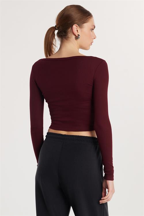 Kadın Modal Kumaş Slim Fit Dar Kesim Uzun Kollu Geniş Yaka Bordo Bluz