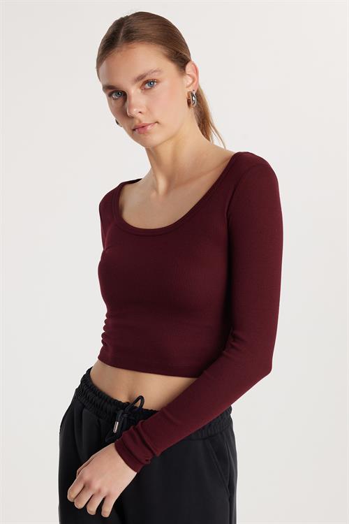 Kadın Modal Kumaş Slim Fit Dar Kesim Uzun Kollu Geniş Yaka Bordo Bluz