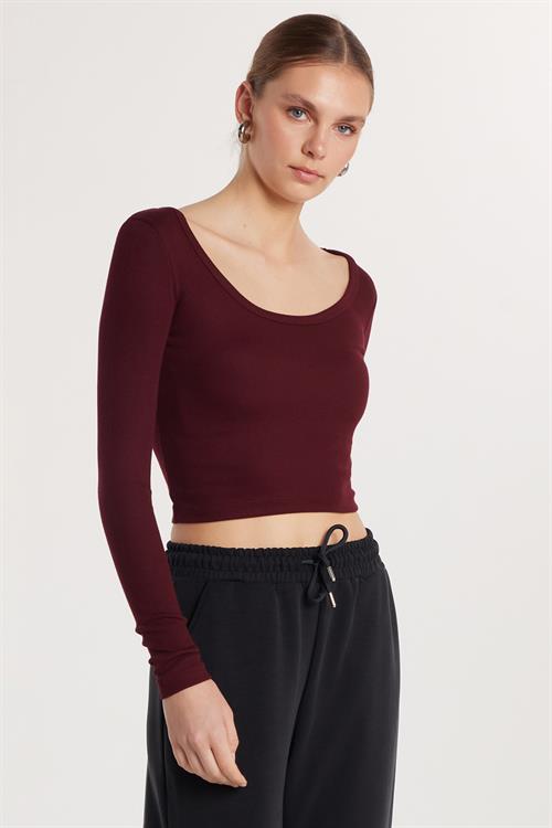 Kadın Modal Kumaş Slim Fit Dar Kesim Uzun Kollu Geniş Yaka Bordo Bluz