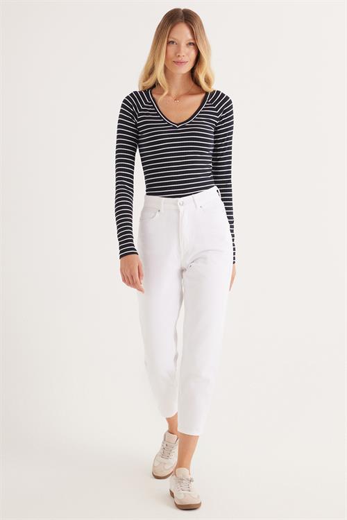Kadın Slim Fit Dar Kesim Çizgili Uzun Kollu Geniş Yaka Bluz