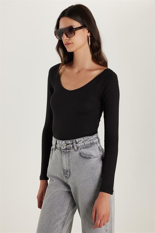 Kadın Modal Kumaş Slim Fit Dar Kesim Uzun Kollu Kayık Yaka Siyah Bluz