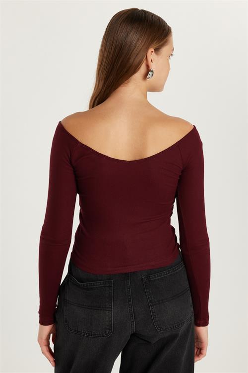 Kadın Modal Kumaş Slim Fit Dar Kesim Uzun Kollu Kayık Yaka Bordo Bluz