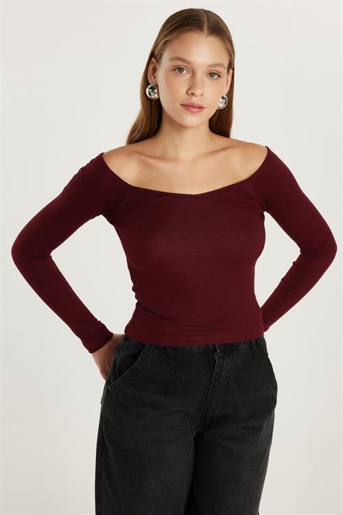 Kadın Modal Kumaş Slim Fit Dar Kesim Uzun Kollu Kayık Yaka Bordo Bluz