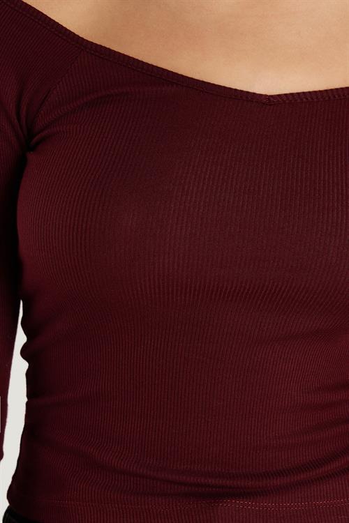 Kadın Modal Kumaş Slim Fit Dar Kesim Uzun Kollu Kayık Yaka Bordo Bluz