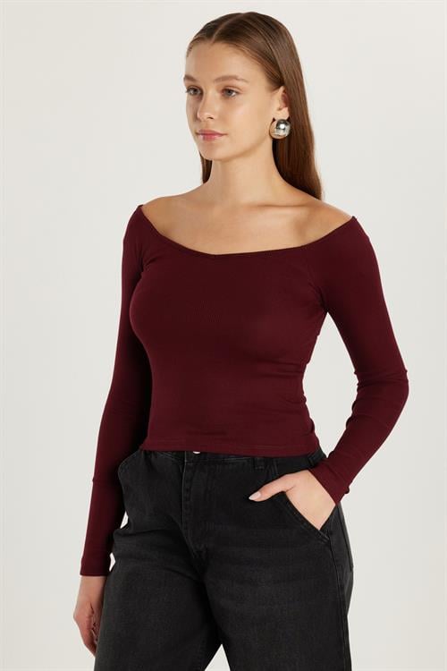 Kadın Modal Kumaş Slim Fit Dar Kesim Uzun Kollu Kayık Yaka Bordo Bluz