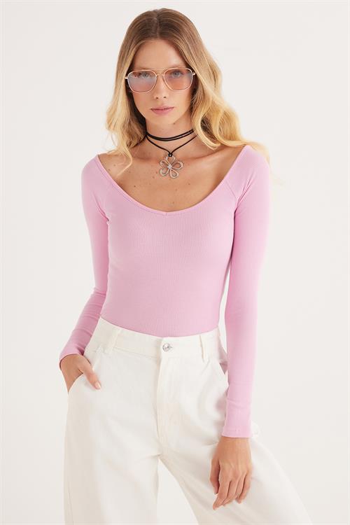Kadın Modal Kumaş Slim Fit Dar Kesim Uzun Kollu Kayık Yaka Pembe Bluz