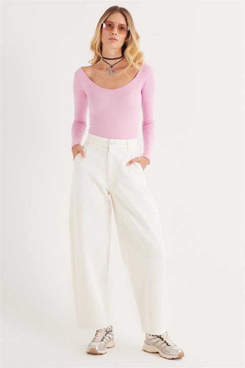 Kadın Modal Kumaş Slim Fit Dar Kesim Uzun Kollu Kayık Yaka Pembe Bluz