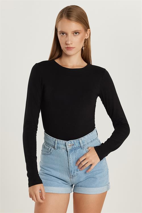 Kadın Slim Fit Dar Kesim Uzun Kollu Bisiklet Yaka Sırt Detaylı Siyah Viskon Bluz