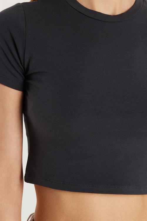 Kadın Slim Fit Dar Kesim Pamuklu Bisiklet Yaka Antrasit Tişört