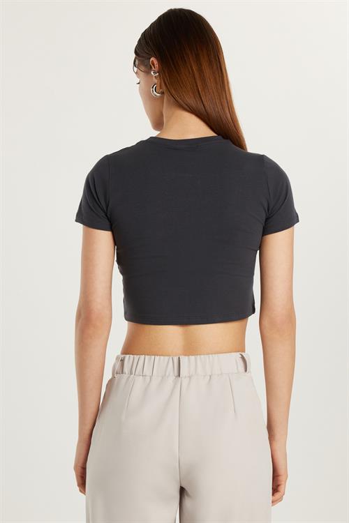 Kadın Slim Fit Dar Kesim Pamuklu Bisiklet Yaka Antrasit Tişört