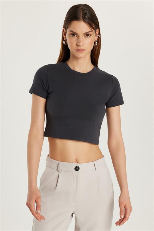 Kadın Slim Fit Dar Kesim Pamuklu Bisiklet Yaka Antrasit Tişört