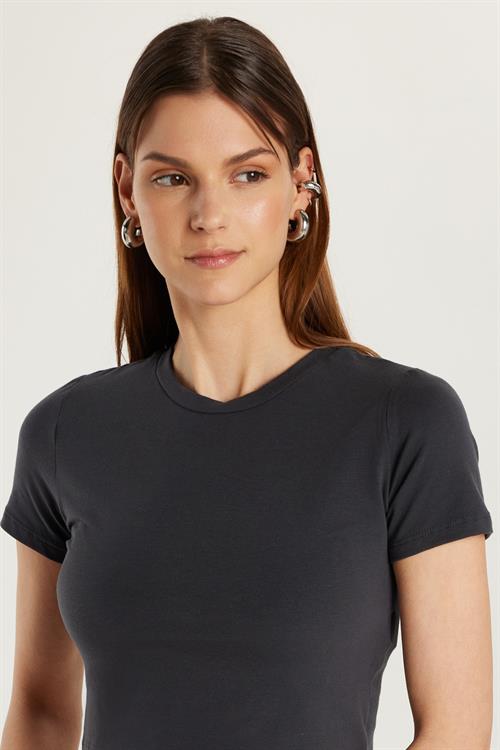 Kadın Slim Fit Dar Kesim Pamuklu Bisiklet Yaka Antrasit Tişört