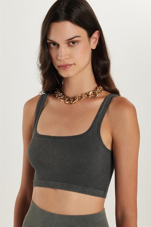 Kadın Slim Fit Dar Kesim Askılı U Yaka Antrasit Crop Atlet