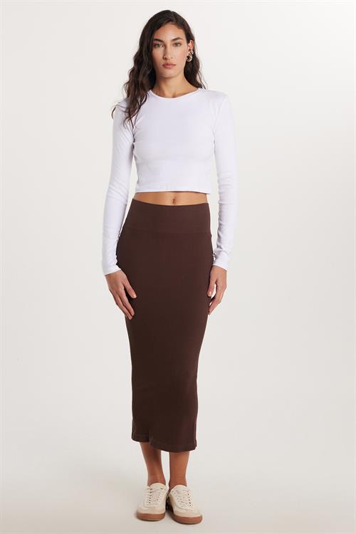 Kadın Slim Fit Pamuklu Düz Uzun Kahverengi Etek