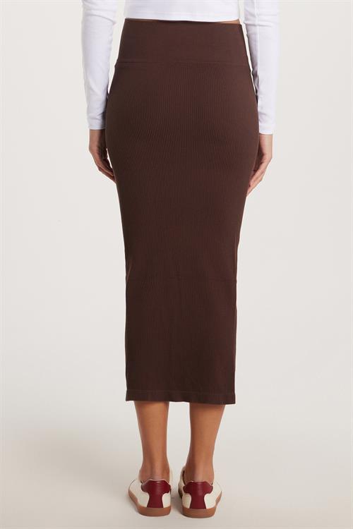 Kadın Slim Fit Pamuklu Düz Uzun Kahverengi Etek