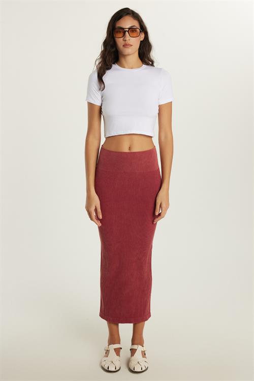 Kadın Slim Fit Pamuklu Düz Uzun Bordo Etek