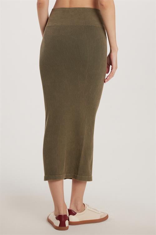 Kadın Slim Fit Pamuklu Düz Uzun Haki Etek