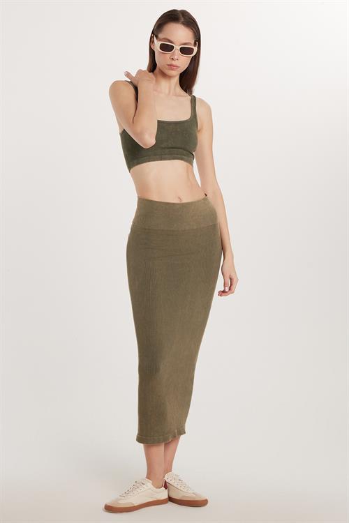 Kadın Slim Fit Pamuklu Düz Uzun Haki Etek