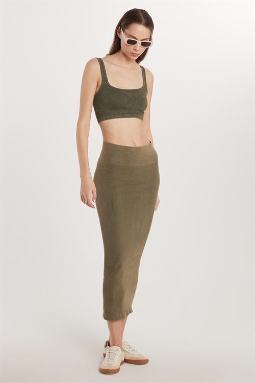 Kadın Slim Fit Pamuklu Düz Uzun Haki Etek
