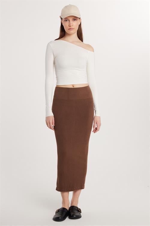 Kadın Slim Fit Pamuklu Düz Uzun Kahverengi Etek