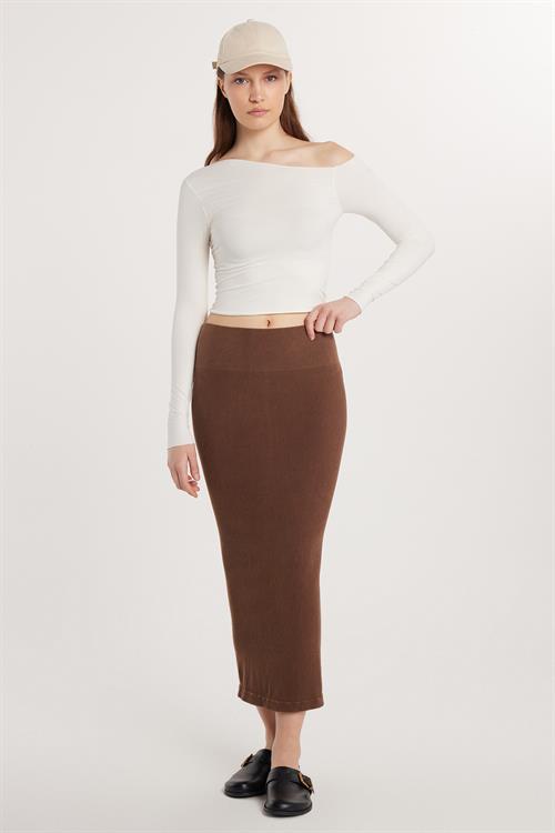 Kadın Slim Fit Pamuklu Düz Uzun Kahverengi Etek