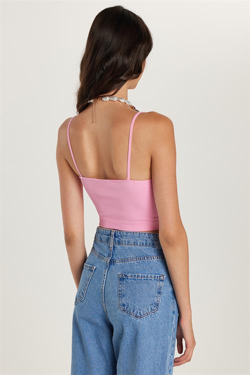 Kadın Slim Fit Dar Kesim İnce Askılı U Yaka Pembe Crop Atlet