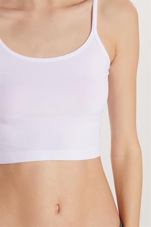 Kadın Slim Fit Dar Kesim İnce Askılı U Yaka Beyaz Crop Atlet