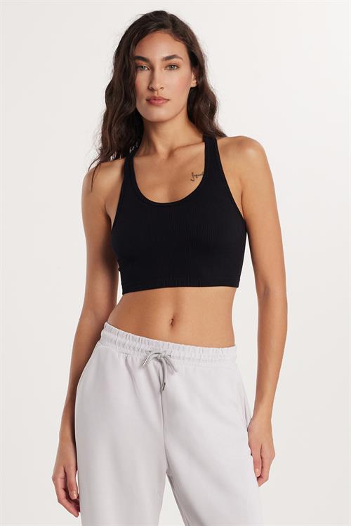 Kadın Slim Fit Dar Kesim Askılı U Yaka Siyah Crop Atlet