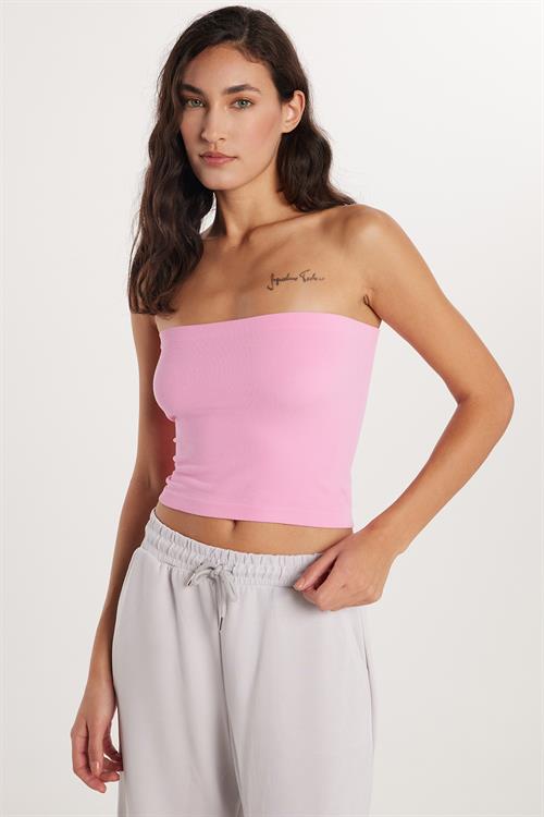 Kadın Slim Fit Pamuklu Straplez Düz Pembe Bluz