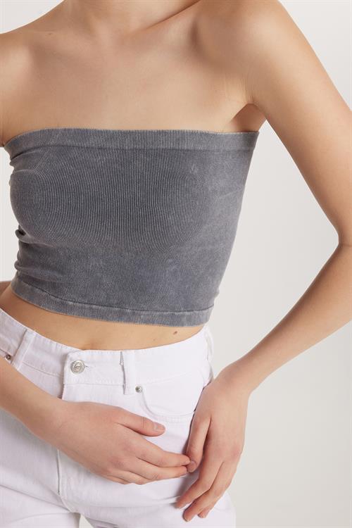 Kadın Slim Fit Pamuklu Straplez Düz Antrasit Bluz